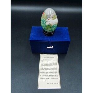 Blown Glass Reverse Painted Egg Easter Bunny Rabbit Fabric Box Wood Base